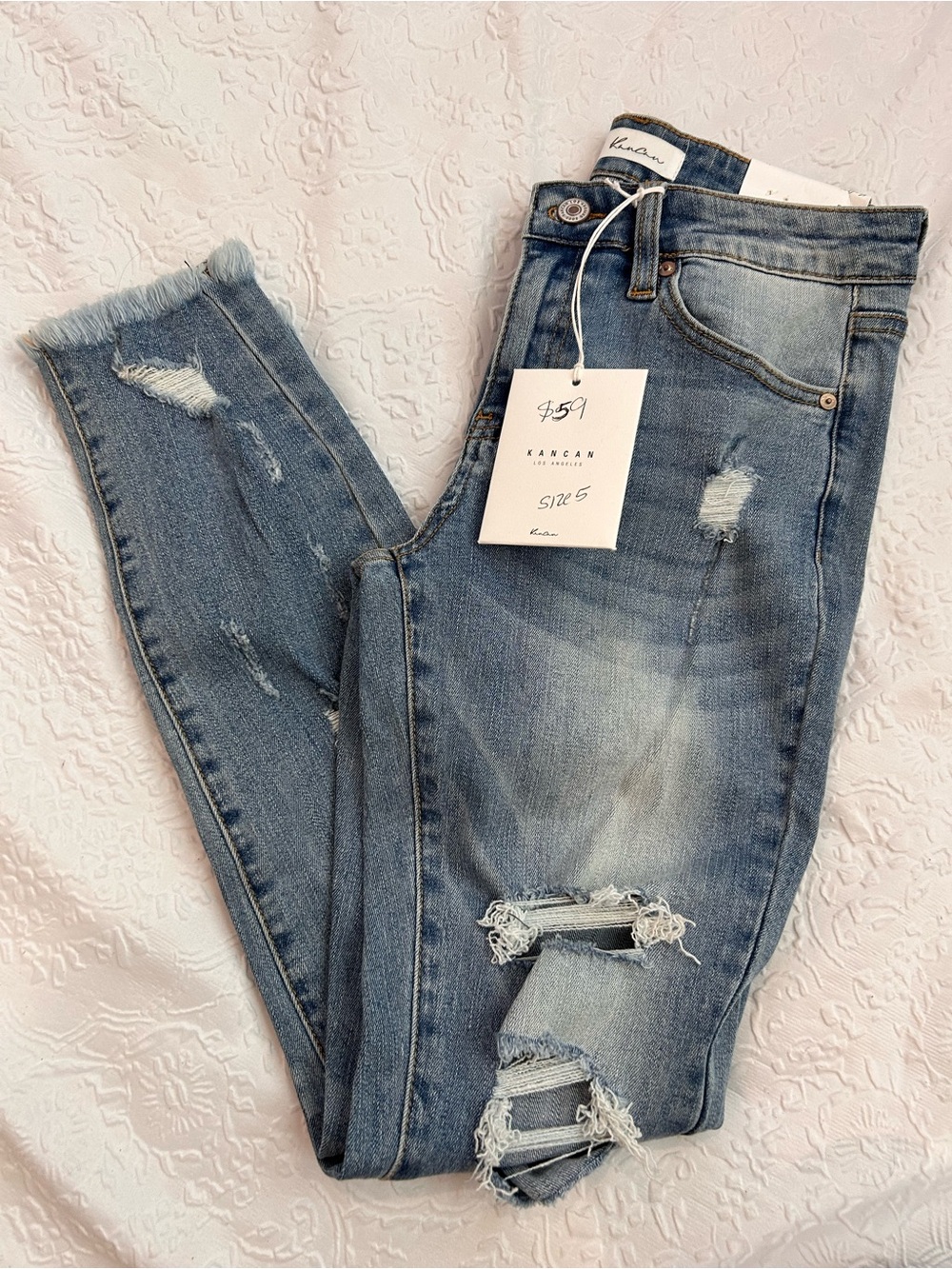 KanCan Medium Blue Distressed Skinny Jeans with Frayed Hem